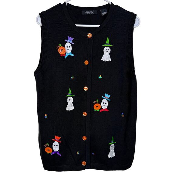 Crystal Kobe Black Halloween Sweater Vest Med Ghosts Pumpkins Button Front EUC - Picture 1 of 6